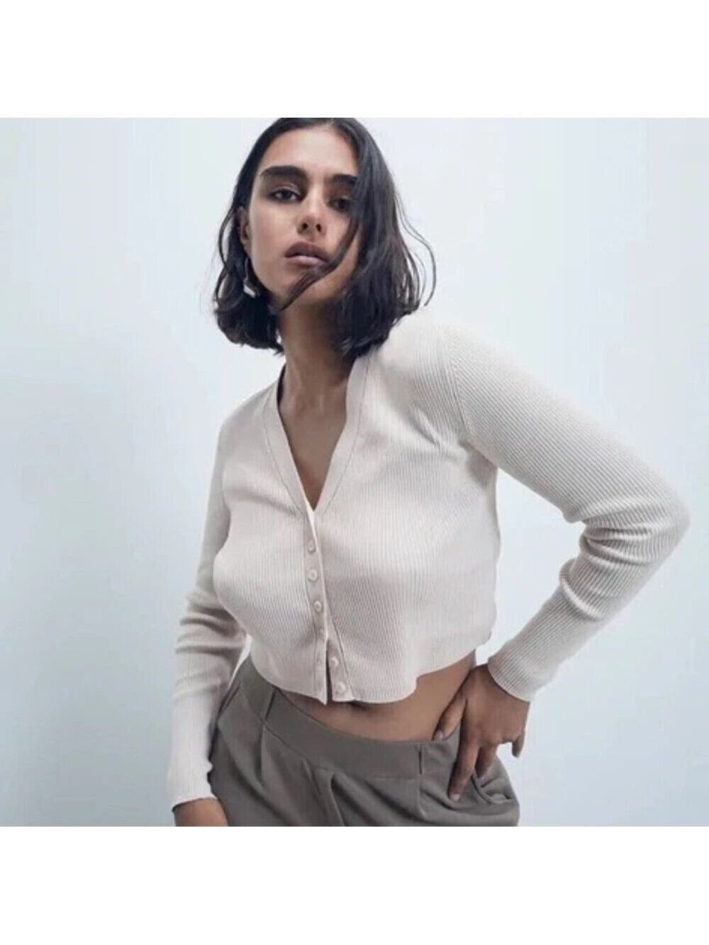 Zara Ecru Ribbed Knitted Crop Cardigan M